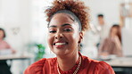 Happy woman, face and designer in office for business, confidence and pride for career development. Creative person, smile or employee in agency with new opportunity, about us or internship in Brazil