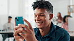 Man, designer and laugh in office with phone, connectivity and funny social media. Creative person, happy and mobile in agency for online marketing, fun campaign and pleased with app for networking