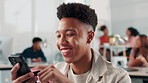 Man, creative or happy in office with phone, connectivity or funny social media. Design intern, laugh or mobile in agency for online marketing, interactive campaign or pleased with app for networking