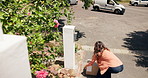 Woman, box and home for delivery with van, wave and outdoor for collection with thanks for service. Person, client and package with greeting, courier and driver for logistics company in neighbourhood
