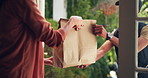 Hands, food and woman at front door with delivery man for online shopping, sales and distribution service. Home, courier and customer with paper bag, meal kit subscription and takeout order for lunch