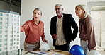 Blueprint, building model and decision meeting with architecture, collaboration and planning for builder job. Engineer, management and people with discussion and contractor design with renovation