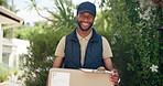 Delivery man, smile and face with box, outdoor and clipboard for documents, invoice or logistics in town. Person, courier and happy with package for shipping, distribution and supply chain in Nigeria