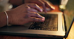 Typing, laptop and hands of business person at night for online planning, writing proposal and research. Creative, remote work and writer on computer for article, newsletter and project deadline