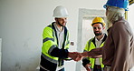 Greeting, architect and handshake for meeting, colleagues and collaboration for people and welcome. Architecture, hello and partnership for maintenance of building, agreement or prototype for project