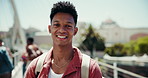 Man, face and outdoor student for travel, backpack and student proud of scholarship education. Male person, portrait and confidence at university for learning, morning and trip to class at academy