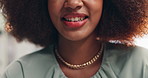 Smile, makeup and closeup of lips of woman at home for beauty, lipstick or cosmetology treatment. Happiness, teeth and cosmetics with mouth of person in apartment for dental aesthetic, glow and shine