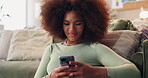 Lounge, woman and smile with smartphone for chat, digital communication and message to contact at home. House, female person and happy with mobile application for social media, text and online dating