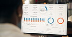 Man, computer screen and website for trading statistics on website for investment opportunity. Male person, back and home with stock exchange for financial growth, profit return and market share