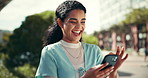 Outdoor, woman and happy with text message on smartphone for communication or networking. Female person, smile and laughing for social media, post and funny memes for connection, fun or entertainment