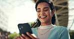 Outdoor, woman and laughing with text message on smartphone for communication or networking. Female person, smile and happy for social media, post and funny memes for connection, fun or entertainment