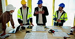 People, engineer and discussion in meeting for architecture document, building feedback and floor plan. Manager, staff and paperwork for construction sketch, renovation design and project development