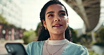 Outdoor, woman and smile with text notification on smartphone for communication or networking. Female person, reading and happiness for social media, post and connection, message and interaction
