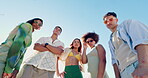 People, face and group with fashion on beach for travel adventure, vacation style or sunglasses aesthetic. Low angle, diversity friends and streetwear in nature for tropical trip, bonding or attitude
