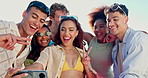 Beach, group and friends with selfie, vacation and bonding together with break, travel and memory. People, seaside and traveller with ocean, photography and picture with summer holiday and adventure