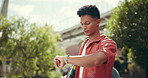 Outdoor, man and university student with checking watch for time management or appointment in Brazil. Male person, college learner and campus with schedule for study group, project deadline and exam
