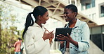 Outdoor, friends and women on tablet as university student with good news on exam and test result. People, campus and smile or happy as college learner for email with assignment grades on website