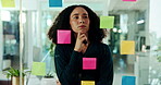 Woman, sticky notes and glass wall for thinking, brainstorming and writing strategy in office. Creative business owner, entrepreneur and mood board for goals, project planning or proposal report