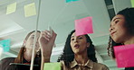 Women, sticky notes and management for writing, brainstorming or office strategy discussion. Creative business people, glass wall planning and mood board for return, investment project or proposal