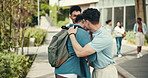 Handshake, university or students hug in outdoor campus or school for bonding, acceptance or community. Talking, men and happy people greeting with embrace, education or smile on break at college
