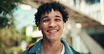 Happy man, face and outdoor campus for education, travel and student proud of college scholarship. Male person, portrait and confidence at university for learning, morning and commute to academy