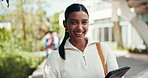 Face, woman and student with tablet for education, academic information and website for college. Campus, female person and portrait with smile for digital results, scholarship and pride in university