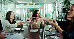 Woman, documents and chaos in meeting with team, paperwork and problem solving in office. Business people, report and confused in company with stress, misunderstanding and communication challenge
