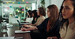 Colleagues, group and listening to training, office and planning for press release, notes and publicist. Team, public relations and people with market research, ideas and collaboration in boardroom