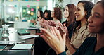 Business women, audience and applause at seminar for praise, support and goal celebration in office. Training conference, happy group and clapping hands at empowerment workshop, meeting and success