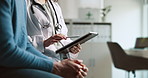 Tablet, doctor and hands with patient, advice of results of cancer diagnosis with discussion. Conversation, consulting and technology with wellness and healthcare support with information and help