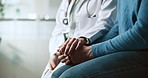 Doctor, patient and holding hands with support and comfort from cancer news and diagnosis. Healthcare, consultation and helping with kindness and advice for chemotherapy and wellness at clinic