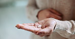 Medicine, hands and woman with pills, support and pharmaceutical supplement for health. Wellness, nutrition and prescription with capsule, treatment and antibiotics for illness with medication