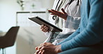 Tablet, doctor and hands with patient, hospital results and cancer diagnosis with discussion. Conversation, consulting and technology with wellness and healthcare support with advice and help