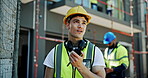 Construction worker, radio and thinking with engineer man on building site for industrial maintenance. Architecture, instructions and talking with builder outdoor for property development ideas