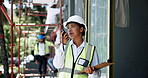Construction, clipboard and talking with radio on site for project management, quality assurance and compliance. Contractor, woman and checklist for risk assessment and instructions for safety check