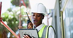 Engineering, construction site and black woman with radio, tablet and project manager with safety. Person, architecture or employee with helmet, tech and real estate with communication or digital app