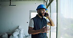 Man, civil engineering and talk with phone call for construction, architecture chat and building progress. Male person, mobile and discussion with contact, maintenance update and infrastructure deal