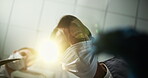Face, woman and dentist in surgery at clinic of lights, cleaning and teeth whitening for hygiene. Pov, people and tools for inspection of tooth extraction, root canal and dental implant and procedure