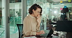 Laptop, problem solving and yawn with designer woman in office for programming or troubleshooting. Computer, planning and web development with exhausted or tired employee at work for software coding