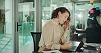 Headache, laptop and stress with designer woman in office for programming or troubleshooting problems. Computer, eye strain and fatigue with creative employee in workplace for software coding