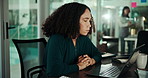 Laptop, nervous and thinking with designer woman in office for programming or troubleshooting. Computer, problem solving and web development with worried employee in workplace for software coding