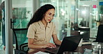 Laptop, review and thinking with designer woman in office for programming or troubleshooting. Administration, computer and web development with creative employee in workplace for software coding