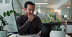 Laptop, thinking and business man check information for revenue, brainstorming and problem solving. Computer, planning and broker with idea in office for trading, investment opportunity and finance