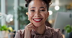 Woman, face and office for financial budget, sustainable investment and proud of eco friendly workplace. Female person, accountant and confident in company revenue, portrait and bookkeeping accounts