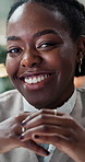 African woman, face and smile in office with confidence, pride and finance agency in administration. Female person, portrait and happy for business, payroll or audit as bookkeeper in banking industry