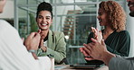Applause, support and teamwork with business people in meeting for deal, finance advisor and company profit. Growth, achievement and b2b merger with employees in office for partnership and success