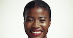 Happy, black woman and face with makeup for beauty, facial or cosmetology on a white studio background. Portrait, African or female person with smile for cosmetics, shine or skin glow on mockup space