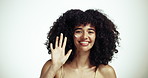 Face, cream and woman with skincare, smile and dermatology on white studio background. Portrait, happy person and model with lotion, smooth skin and grooming with treatment for acne and cosmetics