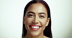 Skincare, face or woman for beauty in studio with collagen treatment, skin hydration or natural glow. Girl, cosmetics or happy with dermatology results for confidence or self care on white background