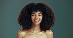 Happy, woman and face in studio for skincare, satisfaction and treatment benefits with confidence. Female model, dermatology or body shine in portrait for cosmetics, beauty or mockup space background